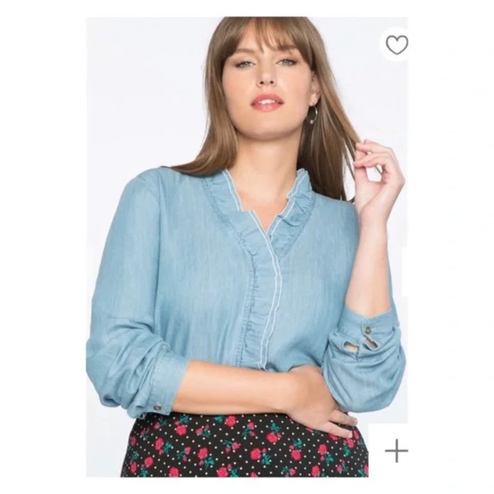 Draper James x Eloquii Ruffle Placket Chambray Button Down Shirt, size 22